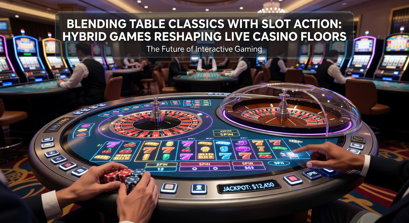 Hybride casinospel met tafelklassiekers en slotwielen in een live casino omgeving, waar een dealer blackjack combineert met roterende slotrollen