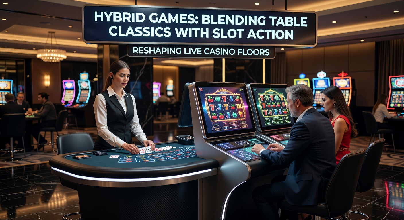 Live dealer bij een hybride spelsetup, met een mengeling van traditionele tafel en digitale slotdisplays op een bruisende casino vloer