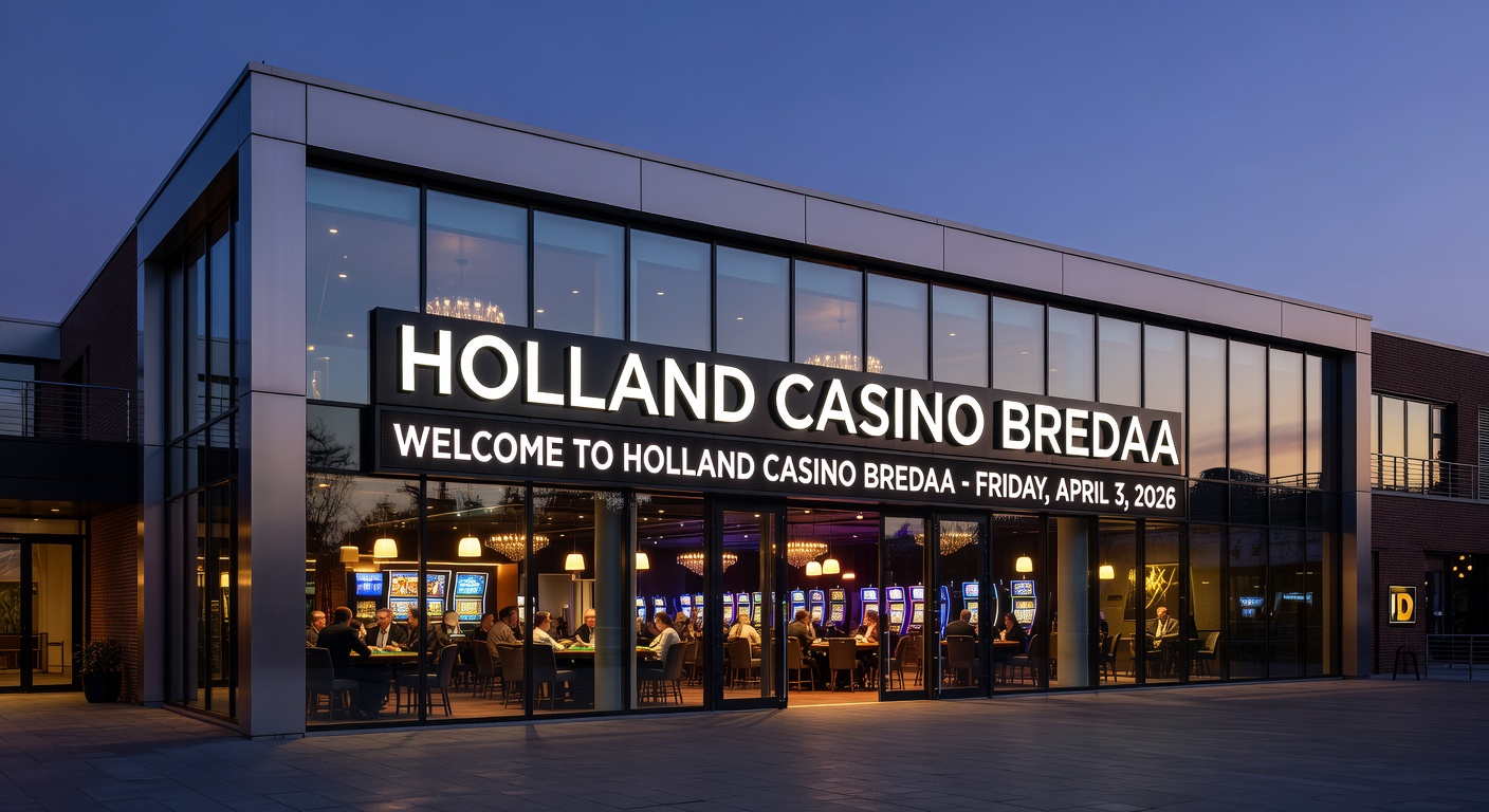 Interieur van Holland Casino Rotterdam met poker tafels en jackpot-schermen, sfeervol verlicht in de avond