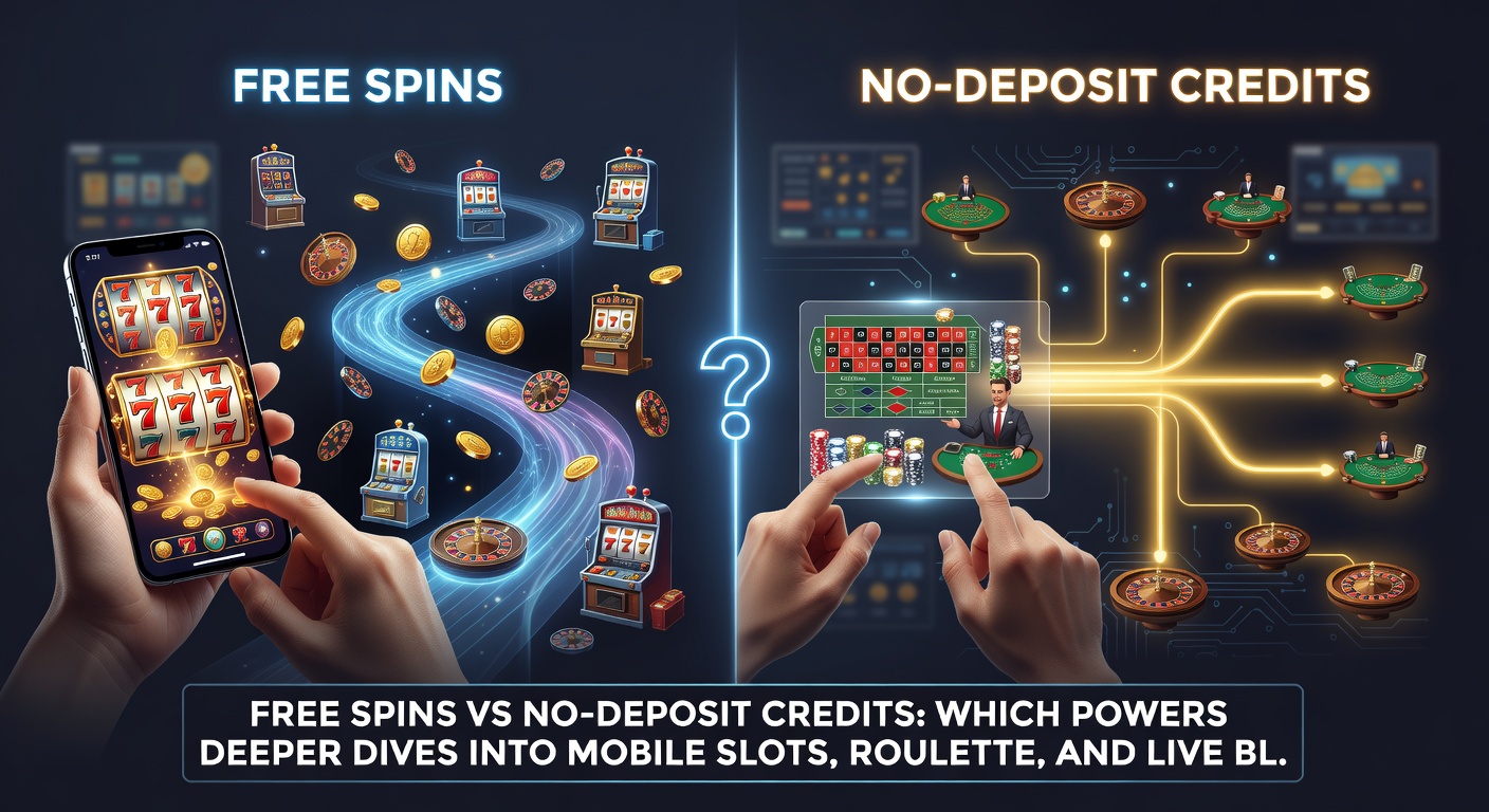Vergelijkingsscherm van free spins op slots naast credits in roulette en blackjack op mobiel