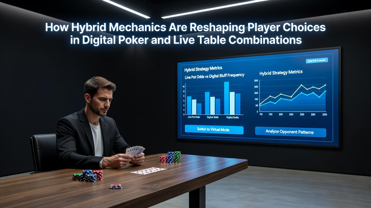 Spelers die interageren met hybride digitale en live poker tafels via mobiele apparaten