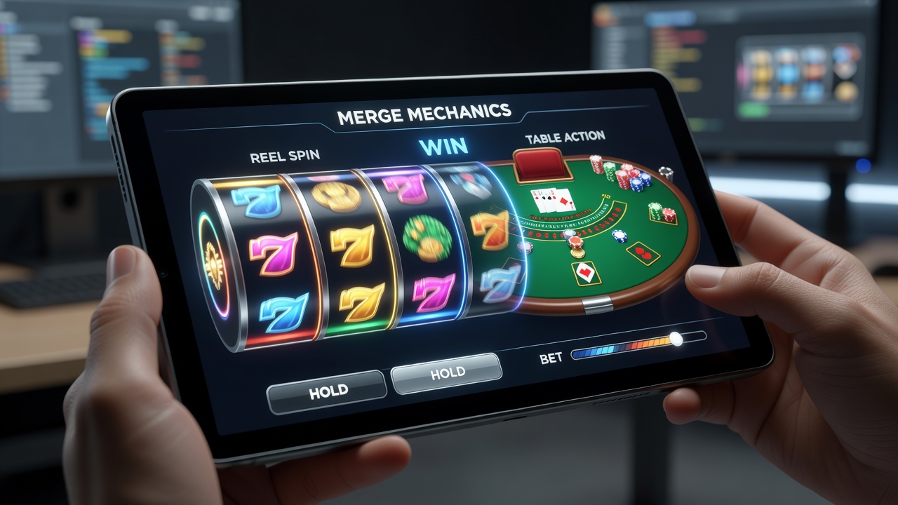 Hybride slot- en tafelspelinterface op een handheld apparaat met draaiende rollen en live dealer-elementen
