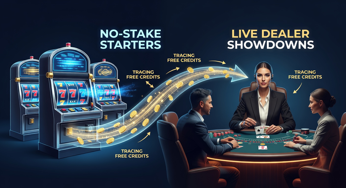 Speler die gratis credits inzet op een slotmachine, met live dealer tafels op de achtergrond