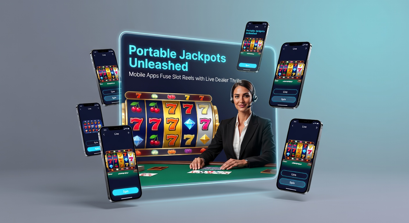 Schermafbeelding van een mobiele casino-app die slotrollen combineert met een live dealer aan een speeltafel, met jackpots die oplichten op de achtergrond