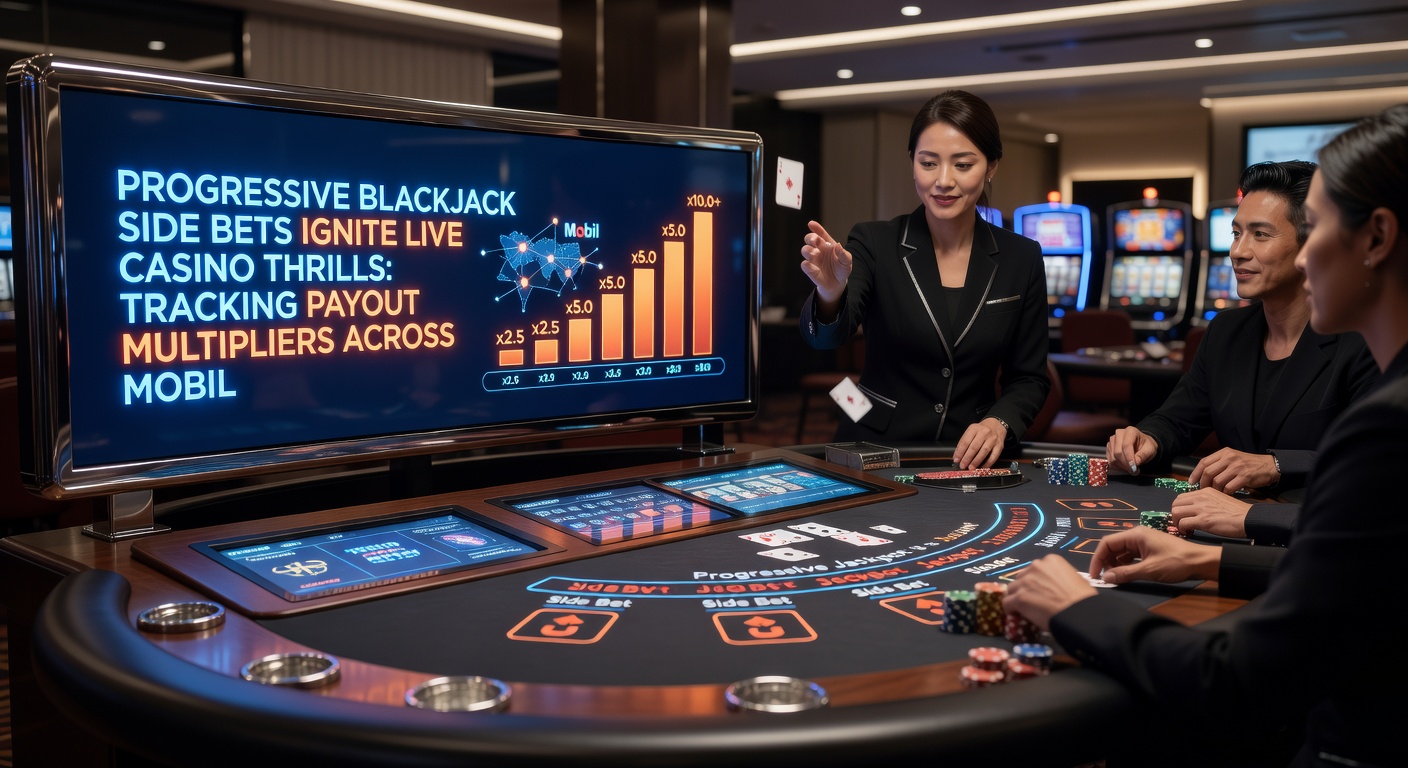 Grafiek met payout multipliers voor progressieve blackjack side bets op verschillende mobiele apps, inclusief live jackpot teller