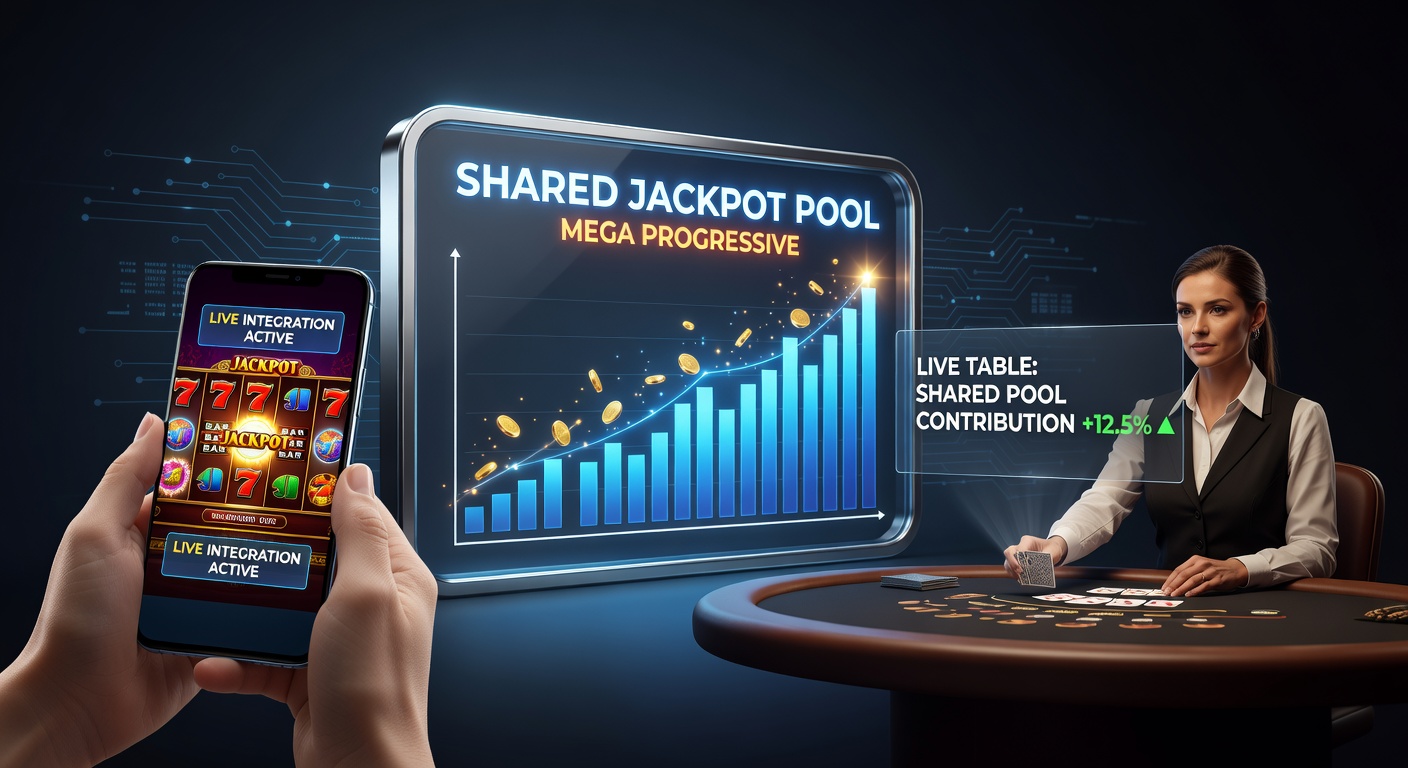 Mobiele slotinterface met gloeiende gedeelde jackpotmeter en live dealer op de achtergrond