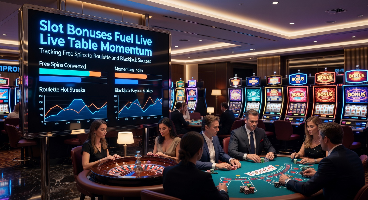 Speler viert free spins winst aan een slotmachine, met live roulette-tafel op de achtergrond in een bruisend casino